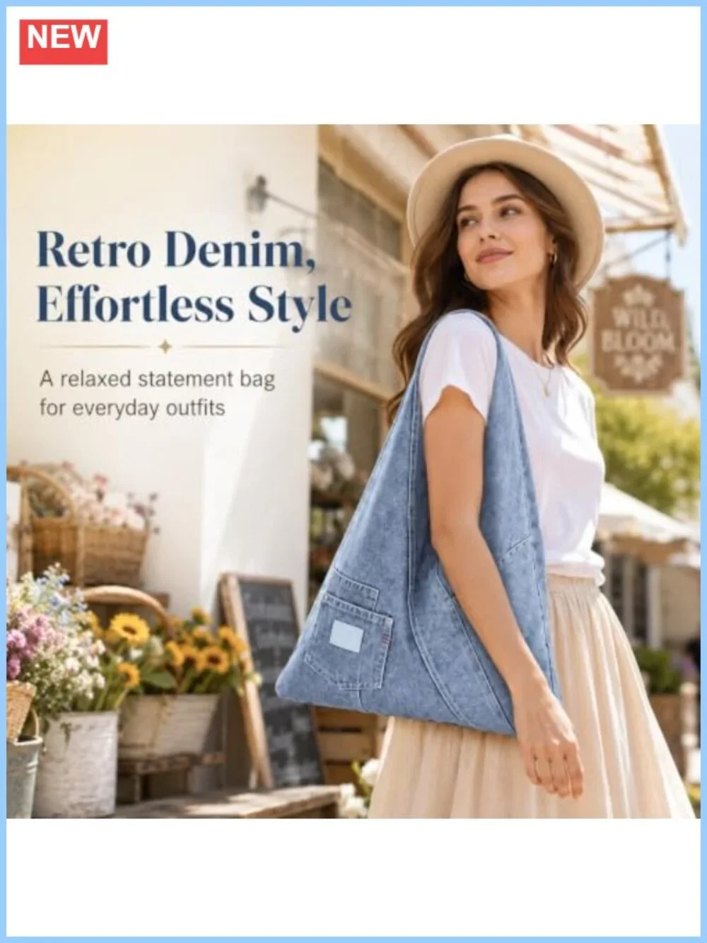 Large Retro Denim Shoulder Tote Bag for Women, Wide Strap